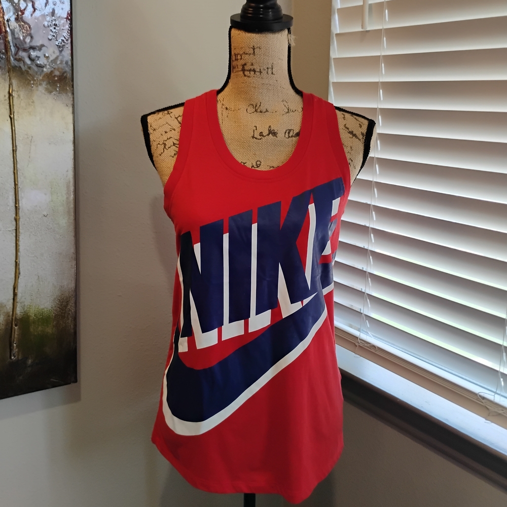 Nike Women's Red Tank Top with Blue Logo